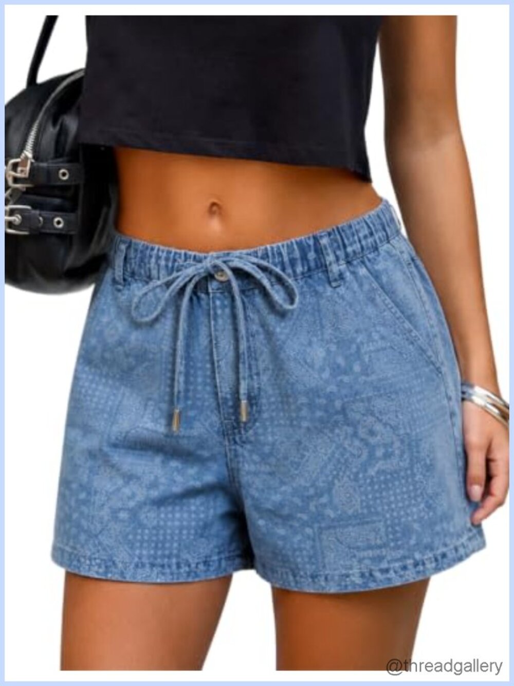 High Waisted Drawstring A-Line Denim Jean Shorts Paisley Print